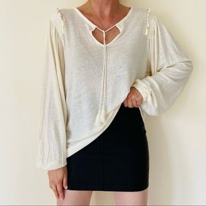 Ralph Lauren ivory Linen-Blend Blouse long sleeve tessel Top